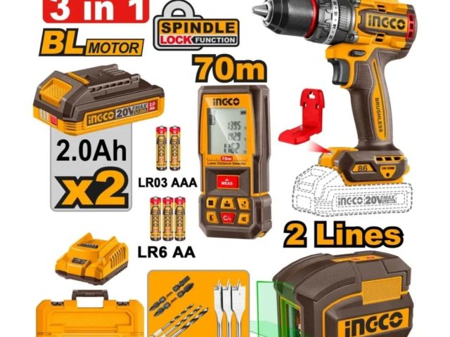 3 ق شنيور 86 نيوتن + ميزان ليزر 2 خط + متر ليزر 70 م إنجكو (COSLI251001)