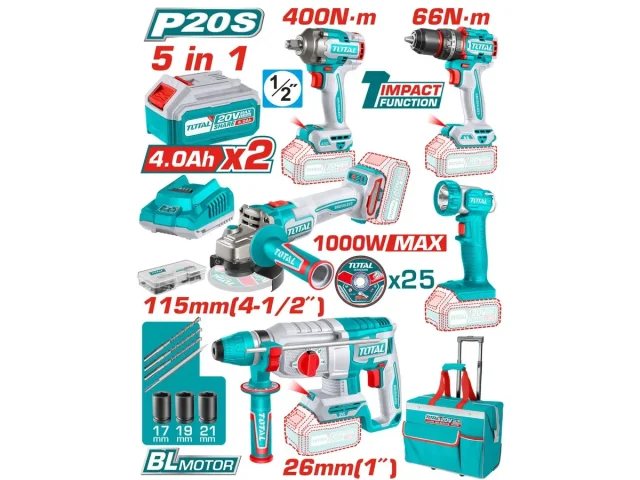 Total 20 V Cordless Combo Kit, 5 Pcs (TCKLI20592)